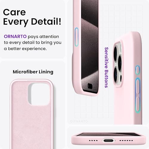 ORNARTO Compatible with iPhone 15 Pro Max Case 6.7", Slim Liquid Silicone 3 Layers Full Covered Soft Gel Rubber 15 Pro Max iPhone Case Cover 6.7 inch-Pink thumbnail 5