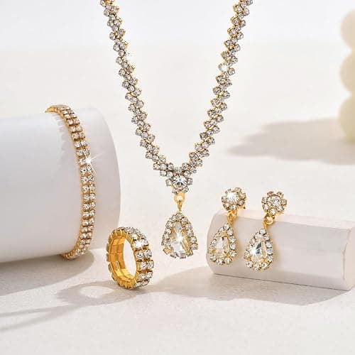 IS4U Rhinestone Water Drop Set for Women Bridal Wedding Vintage Colourful Crystal Zircon Statement Necklace Ring Earrings Bracelet Set Party Dress Ball Fashion Jewellery thumbnail 3