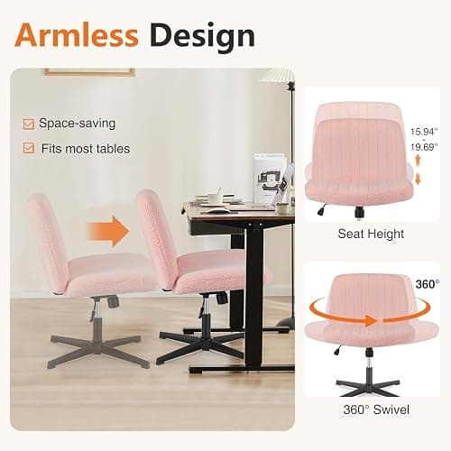 Sweetcrispy Criss Cross Office Chair, Vanity Chair No Wheels | Furry Teddy Fleece, Armless Wide Seat, Height Adjustable Swivel Desk, Task Computer Home Bedroom, Teddy Pink thumbnail 7