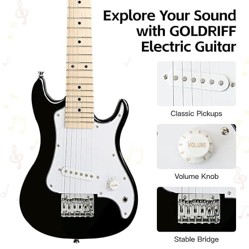 GOLDRIFF 30in Kids Electric Guitar Starter Kit for Beginners, Mini Electric Guitar with 5W Amp, Gig Bag, Strap, Extra Strings, Cable, 6 Picks, Clean Cloth and Free Online Lessons (Black) thumbnail 4
