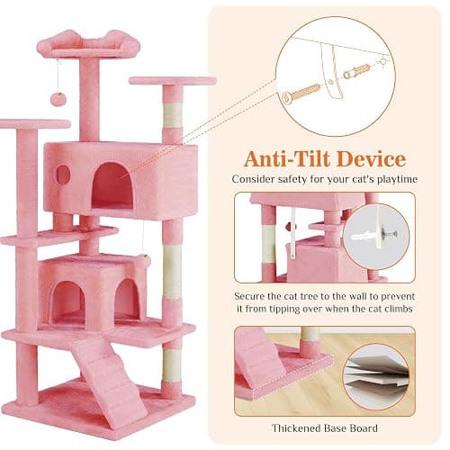 Sweetcrispy 54 Inch Cat Tree Tower, Multi-Level with Cat Scratching Post, Indoor Cat Condo with Climbing Ladder, Plush Toy, Play House for Cat, Pink thumbnail 6