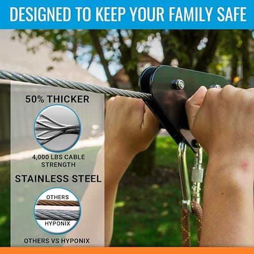 Zip Line Kit for Kids and Adults, 100/120/150/200ft, Up to 350 Lbs, Removable Trolley, Rustproof Stainless Steel, Quick Setup with Ratchet, Safety Harness, Backyard Adventure Fun W/Climbing Holds thumbnail 3