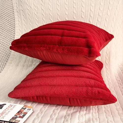 2 Pack 18x18 Pillow Cover Velvet Pillow Covers, Faux Fur Square Throw Pillow Covers for Living Room Decorations Throw Pillow Case, Throw Pillow Cover Cushion Cover for Home Sofa Bedroom Car, Red thumbnail 2