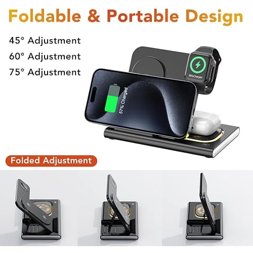3 in 1 Charging Station for iPhone 17 - Wireless Charger for Apple Devices for iPhone 17 16 15 14 13 12 11 Pro Max - Foldable Wireless Charging Station Dock Stand for Apple Watch Series & AirPods thumbnail 7