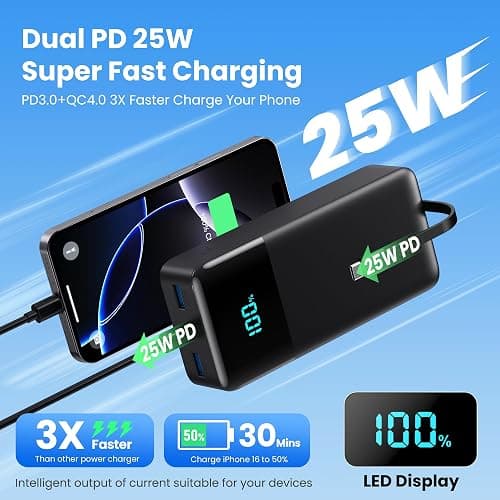 Portable Charger 50,800mAh Power Bank, 25W PD QC 4.0 Fast Charging Portable Phone Charger with Built-in Cables,Travel Camping Essential USB C Battery Pack for iPhone 16/15/14/13/12,Android Galaxy etc thumbnail 5
