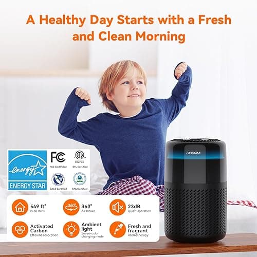 AIRROMI Air Purifier for Bedroom Home,HEPA Filter,Covers Upto 549 Ft²,Quiet 360°intake Air Cleaner with Fragrance ponge for Better Sleep,Night Light,Filters Smoke,Pet Dander,Allergies,Dust,A2005 Black - Black thumbnail 2
