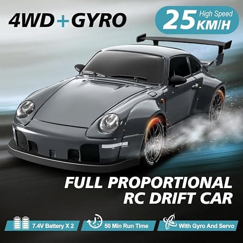 ACAMMZAR RC Drift Car Pro Upgraded with Gyro, 1:24 Full Proportional Remote Control Car, 25KM/H 4WD High Speed RC Cars with Lights, Extra Racing Tires, Vehicle for Adults Kids Boys Girls, Gray thumbnail 2