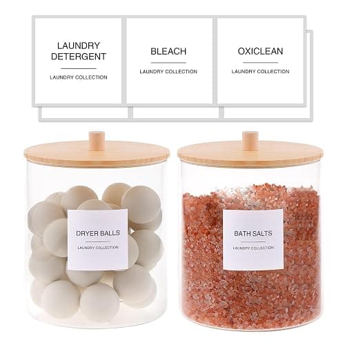 TIPGO Glass Jars and Acrylic Dryer Sheet Holder, Laundry Pods Container with Bamboo Lid and 27 Labels, Powder Detergent Containers for Laundry Room Organization, Storage Jars Set (3 Pack) thumbnail 4