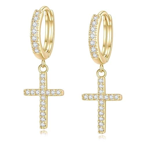 14K Gold Plated Drop Dangle Cross Hoop Earrings Trendy Gold Cross Earrings for Women Small CZ Huggie Hoops Dangling Diamond Cross Earrings for Men Hypoallergenic Lightweight - Image 1