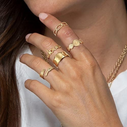 FIOROYAL 12Pcs 𝟏𝟖𝐊 𝐆𝐨𝐥𝐝 𝐏𝐥𝐚𝐭𝐞𝐝 Rings for Women Stainless Steel Stackable Rings Boho Signet Snake Ring Adjustable Open Ring Chunky Knuckle Rings Set Gold thumbnail 3