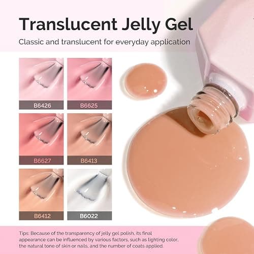 MelodySusie Jelly Gel Nail Polish Set,6 Transparent Colors,Milky or Jelly Texture,Classic Basic Colors Soak Off UV LED Light Cure or Salon Manicure and Nail Art DIY at Home thumbnail 3