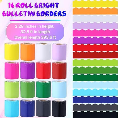 16 Roll 524 ft Bright Bulletin Board Borders Colorful Scalloped Rolled Borders for Bulletin Board Trim Decorations for School Classroom Teachers Home DIY Posters (Basis) thumbnail 3