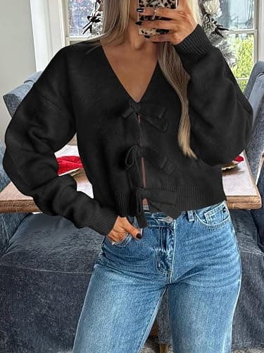 Saodimallsu Womens Bow Sweater Cropped V Neck Long Sleeve Fall Cozy Knit Loose Trendy Pullover Sweaters thumbnail 2