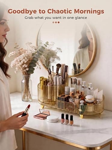 Booklov Rotating Makeup Organizer for Vanity Countertop, Amber | Clear Acrylic Cosmetic Display Case, Large Beauty Brush Holder for Bathroom Counter, Skincare Lipsticks Storage thumbnail 5