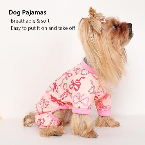 DaFuEn Dog Pajamas for Small Dogs, Soft Stretchy 4 Legs Puppy Jumpsuit, All Season Cozy Pet PJs for Chihuahua Yorkie Teacup Dogs, Cat Clothes (Pink Bow, L) thumbnail 4