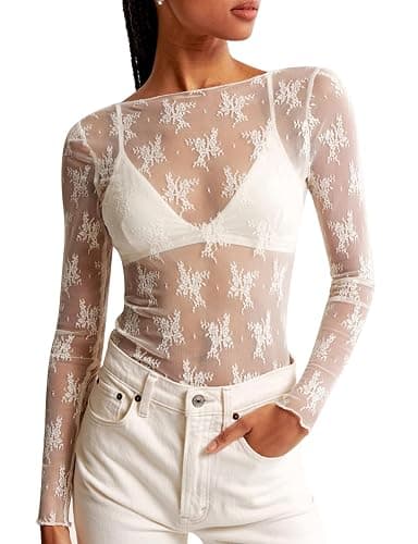 KTILG Womens Lace Long Sleeve Boat Neck Tops Sheer Blouse Sexy See Through Shirt Mesh Top S-XXL - Image 1