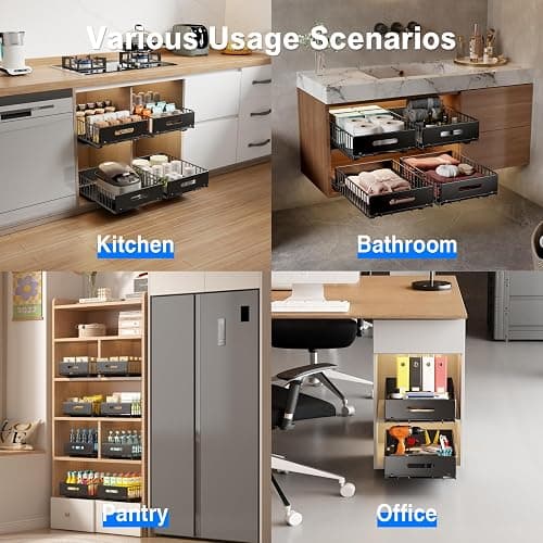 Mustorn 2 Pack Pull Out Cabinet Organizer, Slide Out Drawers for Cabinets, Peel and Stick, Heavy Duty Shelves for Kitchen, Cupboard, Pantry, Bathroom (16.5"D*11.8"W*3.94"H-Black) thumbnail 7