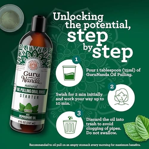 GuruNanda Starter Pulling Oil Mouthwash for Natural Teeth Whitening, Coconut and Peppermint Oil for Fresh Breath & Happy Gums, Alcohol-Free, 8 Oz thumbnail 5