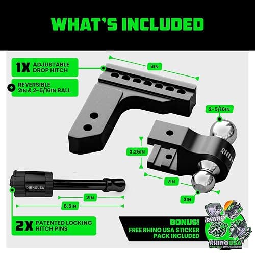 Rhino USA Adjustable Trailer Hitch (Fits 2-Inch Receiver) - Heavy Duty Aluminum Tow Hitches with 6-Inch Drop/Rise for Truck (12,500 LBS GTW) - Weatherproof Double Anti-Theft Locking Hitch Pins (Black) thumbnail 6