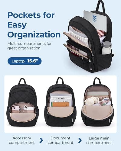 BAGSMART Travel Laptop Backpack, College Backpack for Women, Quilted Small Computer Bookbag, Water-Resistant 15.6 Inch Laptop Casual Bag, Pink thumbnail 3