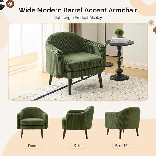 VINGLI 30.3" Wide Modern Barrel Accent Armchairs Set of 2 with Track Armrest, Solid Wooden Legs, Comfy Upholstered Club Chairs, Single Home Sofa for Living Room, Bedroom, Reading Room, Corduroy Green thumbnail 6