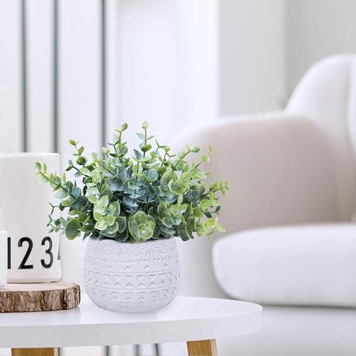 Winlyn Set of 2 Small Artificial Potted Plants Faux Eucalyptus Plant in White Geometric Ceramic Pots Small Desk Potted Plants 7.1" Tall for Home Office Room Decorations Wedding Greenery Centerpiece thumbnail 6