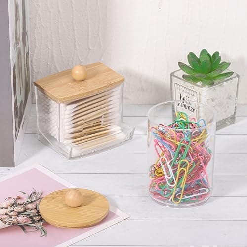 Bamboo Bathroom Accessories Set 4 Pcs - Clear Toothbrush Holder Plastic Soap Dispenser and 2 Qtip Holder Cotton Swab/Pad/Ball Container Jar thumbnail 6