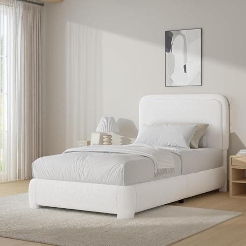 BarnFurin Twin Bed Frames with Headboard,Cloud Boucle Upholstered Platform Bed, Modern Style, Soft Rounded Corners, No Box Spring Needed, Easy Assembly, White - Image 1