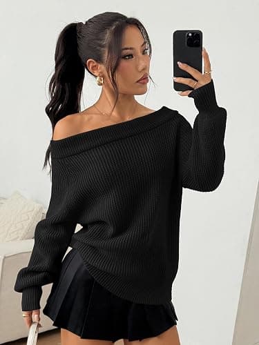 ZAFUL Sweaters for Women Off Shoulder Knit Sweater with Long Sleeve Loose Pullover Jumper Tops thumbnail 2