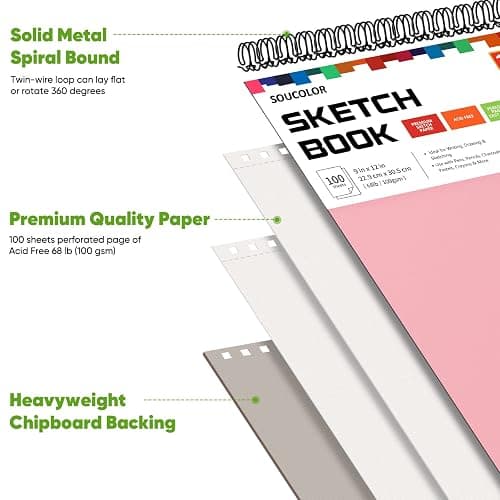 Soucolor Cute Sketchbook 9" x 12" for Women, 1-Pack 100 Sheets Spiral Notebook Drawing Pad for Girls, Pastel Girls' School Art Supplies for Beginner Artists, Arts and Crafts Gifts Set for Kids Adults thumbnail 2
