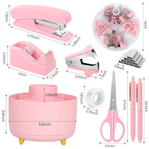 SKYDUE Pink Desk Accessories 10Pcs, Rotating Pen Holder for Desk, Stapler, Staple Remover, Tape Dispenser,2pcs Tape Refills, Binder Paper Clips Kit, Scissor,Pink Office School Supplies thumbnail 3
