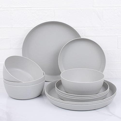 EI 12pcs Wheat Straw Dinnerware Set of 4,Plastic Plates Reuasble Unbreakable,Plastic Plates and Bowls Sets for Camping,Picninc,Family Dinner thumbnail 6