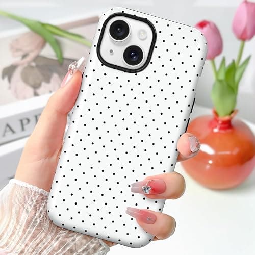 Hython for iPhone 15 Plus Case & iPhone 14 Plus Case Cute Polka Dot Aesthetic Simple Design 6.7", Heavy Duty Dual Layer Hard PC Soft TPU Bumper ShockProof Protective Phone Cover for Women Girls, White thumbnail 2