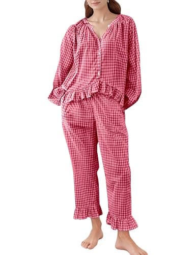COZYPOIN Womens Plaid 2 Piece Pajamas Sets Cotton Gingham Puff Long Sleeve Babydoll Shirt Ruffle Pants Y2K Pjs Lounge Set - Image 1