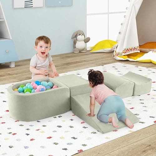 COSTWAY 5-Piece Soft Play Climbing Blocks, Baby Climb and Crawl Playset with Ball Pit, Foam Playground Montessori Toy for Toddlers (Green) - Green thumbnail 9