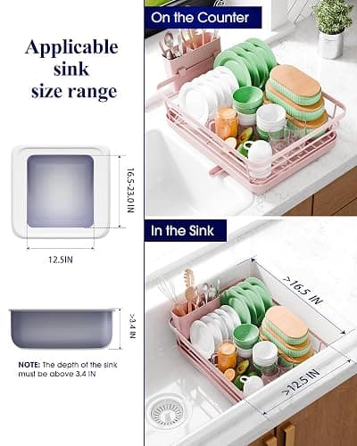 Kitsure Dish Drying Rack for Kitchen Counter, Stainless Steel Sink Organization and Storage Essentials with Cutlery Holder, Home and Appartment Decor, 12''W x 15.5''L, Pink thumbnail 3