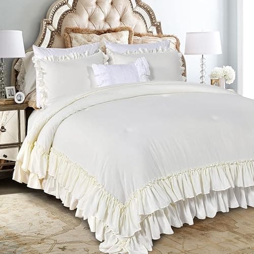 Masaca Ivory Ruffled Comforters Queen Size,Farmhouse Shabby Boho Chic Comforter Set,French Country Microfiber Inner Fill Ivory Bedding 3PCS(1 Ruffle Comforter and 2 Pillowcases) - Image 1