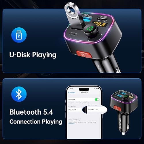 Syncwire Bluetooth 5.4 FM Transmitter Car Adapter 48W (PD 36W & 12W) [Light Switch] [HiFi Bass Sound] [Fast Charging] Wireless Radio Music Adapter LED Display Hands-Free Calling Support USB Drive thumbnail 5