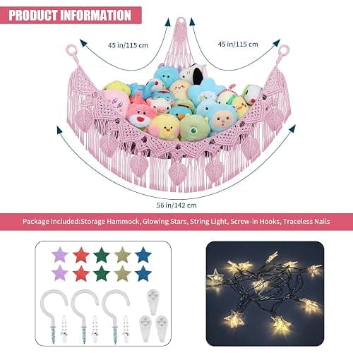 Stuffed Animal Storage Hammock Corner, 56'' Large Stuffed Animal Net Organizer for Teddy Plush Nursery Decor, Boho Macrame Leaf Toy Holder, Light Pink Toy Net w/ LED Star Light for Kid Girl Gift thumbnail 6