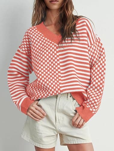 UNCLECAT Women's Striped Checkered Sweater 2025 V Neck Fall Sweaters Casual Knit Trendy Pullover Tops thumbnail 2