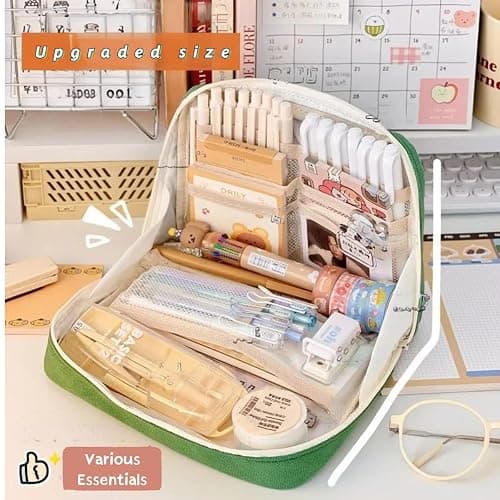 Fcteap Pencil Case Pouch Box Cute Kawaii Large Capacity Aesthetic Zipper Pen Holder Organizer Bag for Office Workspace Supplies Desk Accessories Travel (Green) thumbnail 5