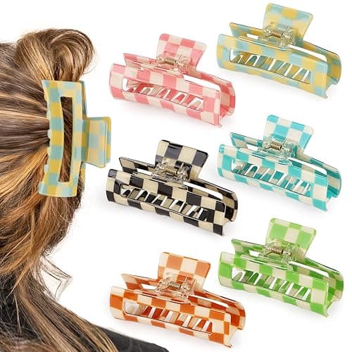 6 Pack Checkered Hair Claw Clips, 3.1" Multicolored Square Medium Non-Slip Claw Clips - Strong Hold for Women Girls Long Short Thin Hair thumbnail 2