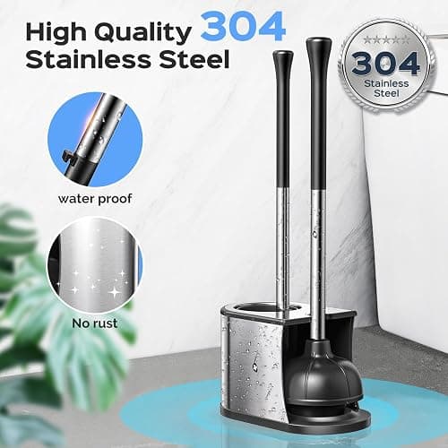 HAMITOR Toilet Plunger and Brush Set: 2 in 1 Stainless Steel Rustproof Combo with Deep Cleaning Curved Bristles - Heavy Duty Toilet Unclogging for Family Bathroom - Compact Apartment Accessories thumbnail 3