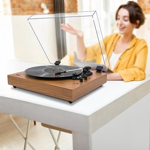 MPK Vintage Style 3 Speeds Wireless Input Record Player, Built-in Dual Premium Speakers,Belt Drive,RCA Output,Aux in,Fulll Size Platter Turntable, Yellow Wood thumbnail 8