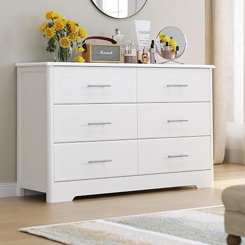NEEEED THIS.    HOSTACK 6 Drawer Dresser, Modern White Double Dresser, Wide Chest of Drawers with Metal Handels, Accent Wood Storage Chest Organizers for Living Room, Hallway, Entryway (Trapezoid/White) - Image 1