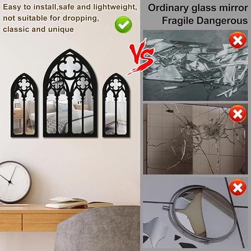3Pcs Gothic Mirrors Wall Decor, 11.8" Arched Decorative Mirror Wall Mounted Goth Room Decor Vintage Cathedral Window Mirror Indoor Wood Framed Entry Mirror Living Room Bathroom (Model D (3 flowers)) thumbnail 4