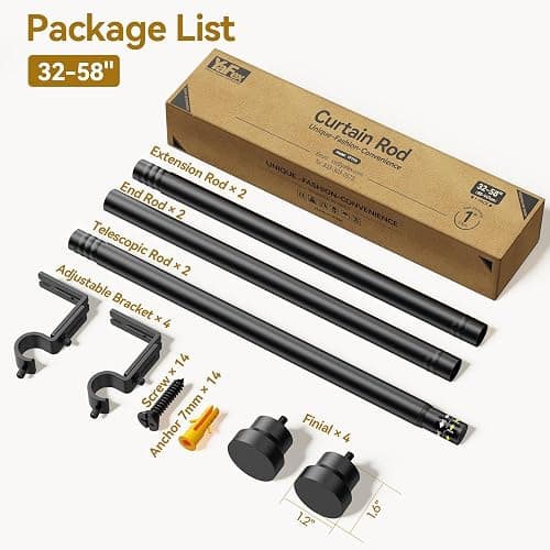 YaFex Curtain Rods 2 Pack 32-58 Inch, Heavy Duty 1 Inch Curtain Rod, Black Short Adjustable Window Treatment Rods, Modern Design, Easy Installation thumbnail 7