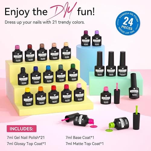VANREESA 24 Pcs Gel Nail Polish Set, 21 Colors Gel Polish with Base Coat Glossy & Matte Top Coat Pink Red Orange Yellow Green Blue Purple brown Gel Polish Kit Nail Kit Gifts for Women thumbnail 6