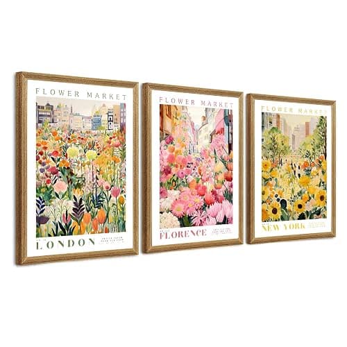 Ovczax Framed Flower Market Wall Art, Colorful Flowers Canvas Wall Decor, Travel Poster Decorative Picture Set - 3 Framed floral wall art, Suitable for Living Room Bedroom Dining Room 16" x 12" - Image 1