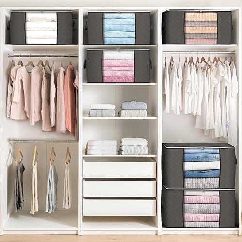 90 L Large Storage Bags, 6 Pack Clothes Storage Bins Foldable Closet Organizers Storage Containers with Reinforced Handle for Clothing, Blanket, Comforters, Bed Sheets, Pillows and Toys (Gray) thumbnail 2